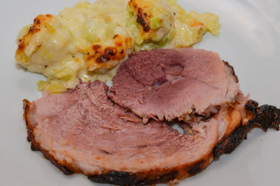 Baked Ham with Potato, Leek and Cauliflower Gratin