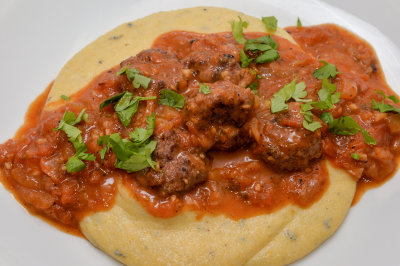 Meatballs in Tomato Sauce with Blue Cheese Polenta