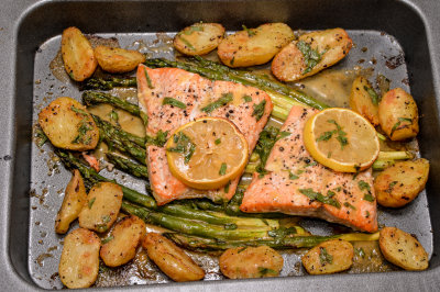 Trout, Asparagus and New Potato Tray Bake