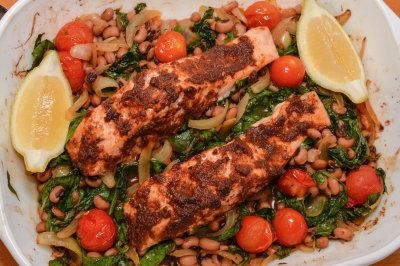 Spiced Salmon with Black-Eyed Peas, Spinach and Tomatoes