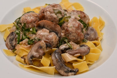 Veal Meatballs with Mushrooms, Spinach and Pappardelle