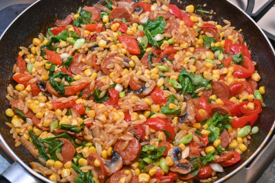 Orzo with Chorizo, Sweetcorn, Spinach and Peppers