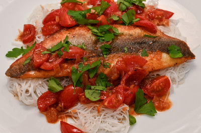 Sea Bass with Chilli Cherry Tomatoes and Rice Noodles