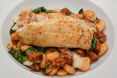 Cod with Chorizo, Butterbeans and Goat’s Cheese