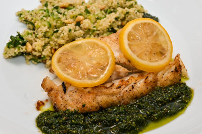 Cod with Lemon-Basil Pesto and Courgette Couscous