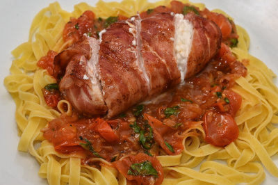 Feta-Stuffed Chicken with Warm Tomato Salsa and Pasta