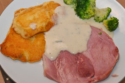 Ham with Polenta Cakes and Blue Cheese Sauce.