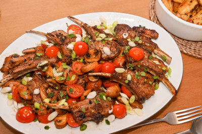 Marinated Greek Lamb Chops with Mushrooms and Tomatoes
