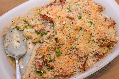 Gratin of Gnocchi with Bacon and Peas
