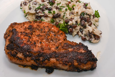 Jerk Pork Steaks with Rice and Peas