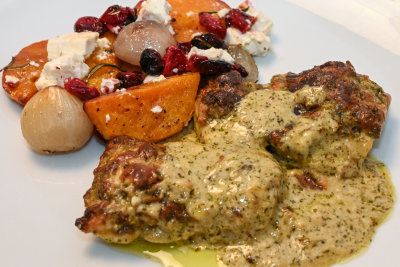 Pesto-Parm Chicken with Roasted Butternut Squash and Cranberries