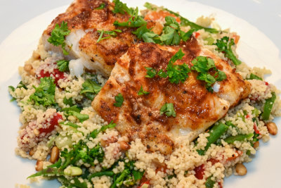 Harissa Fish with Red Pepper & Broccoli Couscous