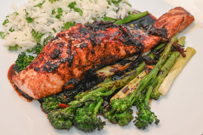 Salmon with Broccoli, Spring Onions and Chilli
