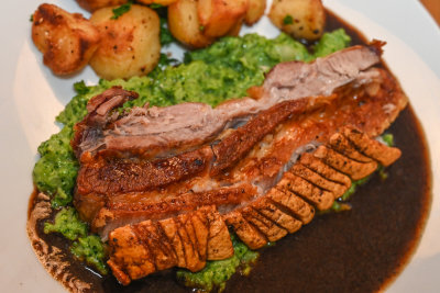 Pork Belly with Broccoli-Stilton Purée