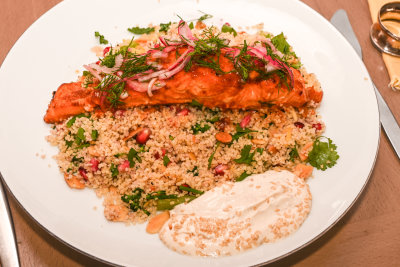 Harissa Salmon with Tahini Sauce and Couscous