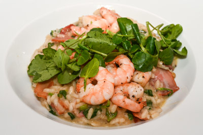 Prawns with Pancetta and Watercress Risotto