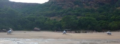 Prince Frederick Harbour, Helicopters on beach for trip to Mitchell Falls