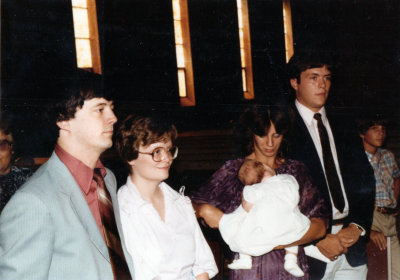 1983 07 24 David and Marti Asher, Melissa Asher, Bobbi Biddle, Kevin Connors, Steve Asher - Melissa's Baptism.jpg
