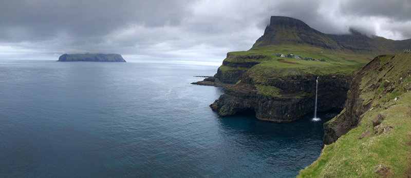 Panorama of Múlafossur, Gásadalur and Mykines, Faroe Islands