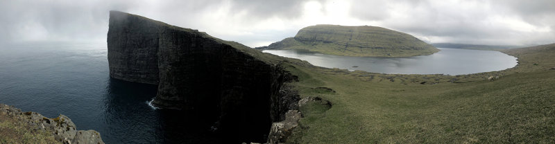 Panorama of Trælanípan showing the difference in elevation of the lake and the sea, Vágar, Faroe Islands