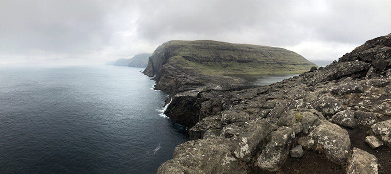 Panorama of the south coast of Vágar with Bøsdalafossur
