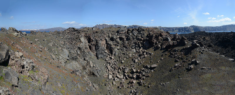 Panorama of the volcanic landscape of Nea Kameni