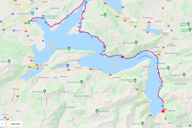 Cycle Route - Day 1 - 56 km Luzern to Flelen