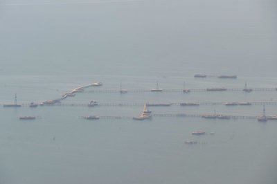 Oil facilities in the Caspian Sea south of Baku, Azerbaijan