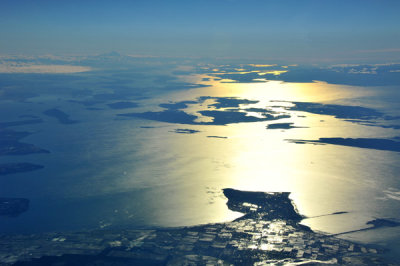 Looking south from Vancouver to the San Juan Islands and Mount Rainier, Washington