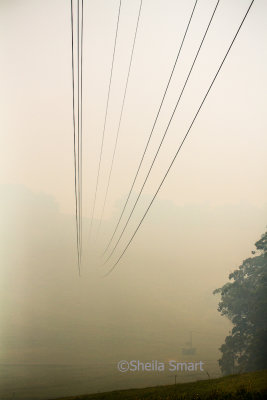 Powerlines disappearing into smoke haze