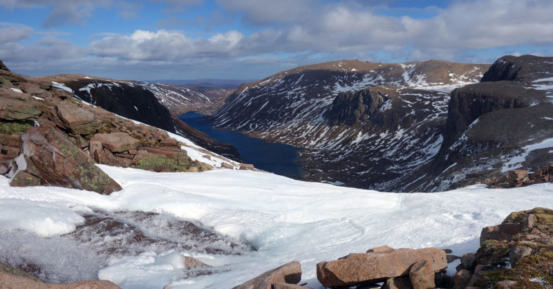 Mar 19 Cairngorms ski tour - Looking down to Loch Avon from the Feith Buidhe burn with low snow cover