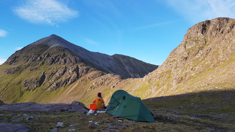 June 19 Fisherfield 6 munro round at camp in the evening at the col before Beinn Tarsuinn
