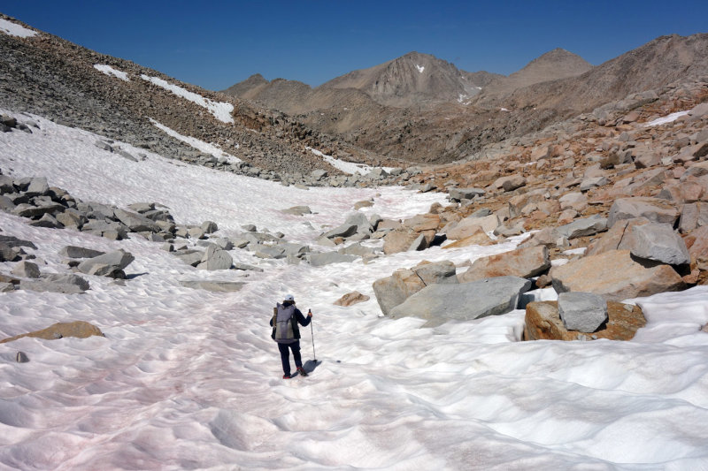 We reached Feather Pass easily and a snow patch on the north side made the descent a bit easier than boulder hopping