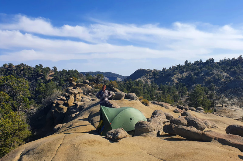 2022 April 25th US Hayduke hike- Mudhills camp on rock amidst boulders, south of Caanan Mountain