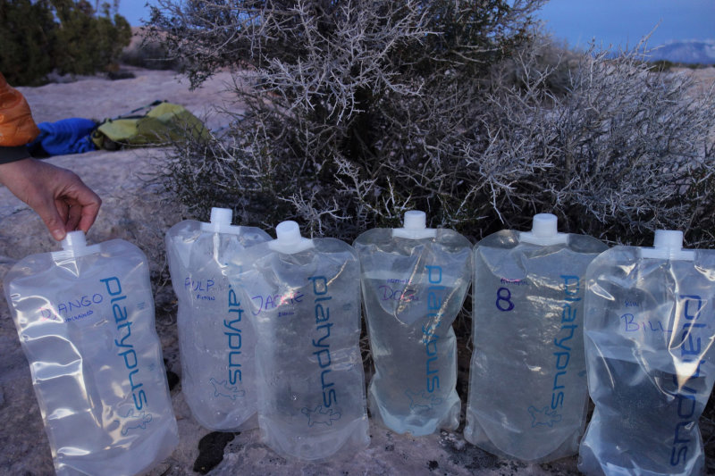 Naming our water bags for the trip to avaoid confusion between dirty and clean water...