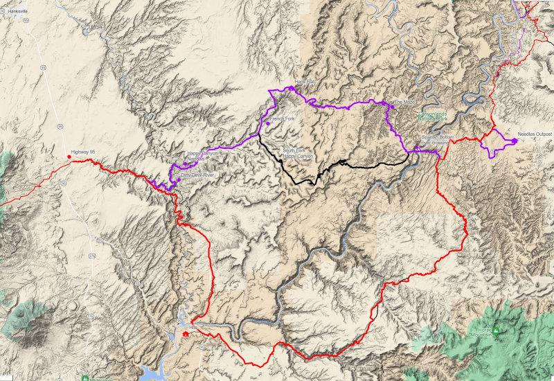 Overview Map Needles to Hanksville (Hayduke red, our variant in purple, 2014 variant in black)
