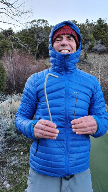 We find an old tent peg, supersized compared to our lightweight ones!