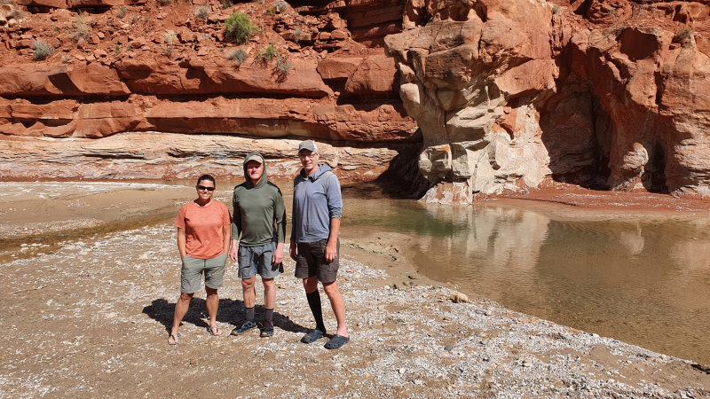 We exited Hogeye Canyon into the Paria River to meet up with fellow hikers Heather, Darren and Mike taking a dip in the pools!