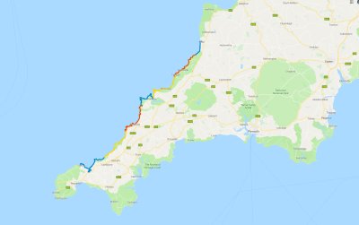 April 2019 Map of our week long backpack Cornwall 
