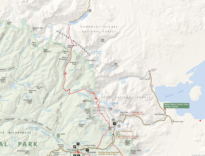 Map of our 3 day hike on and off trail from Twin Lakes campsite to Tuolumne Meadows
