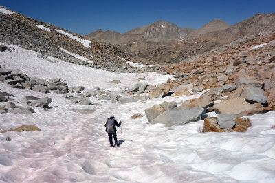 We reached Feather Pass easily and a snow patch on the north side made the descent a bit easier than boulder hopping