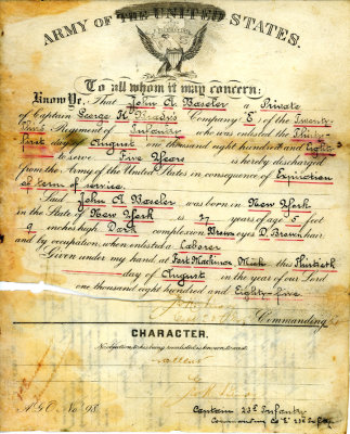 Pvt. John Baseler Co E 23rd Inf. discharge
