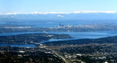 Olympic Mountain Range Puget Sound, Downtown Seattle, I-90 Floating Bridge, Mercer Island, Lake Washington 132 