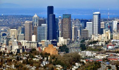 Downtown Seattle, Space Needle, Smith Tower, Harborview Hospital, Puget Sound, Washington 005  