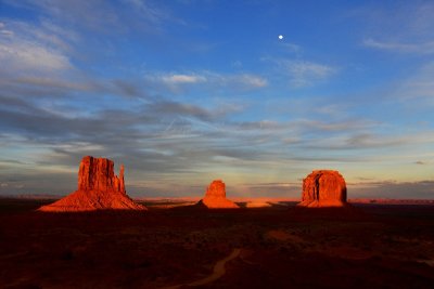 The Mittens and Merrick Butte and Moon at sunset, Monument Valley, Navajo Tribal Park, Arizona 728 