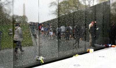 Vietnam Memorial, Reflection of Washington Monument, White Flower with South Vietnam Flag, Loved Ones, Washington DC, USA 876