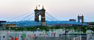 John A. Roebling Suspension Bridge,  spans the Ohio River between Cincinnati, Ohio and Covington, Kentucky