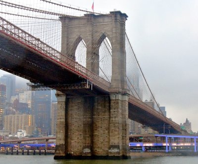 Brooklyn Bridge on Rainy Day, Ferry on East River, Manhattan, New York City, New York, USA 809 