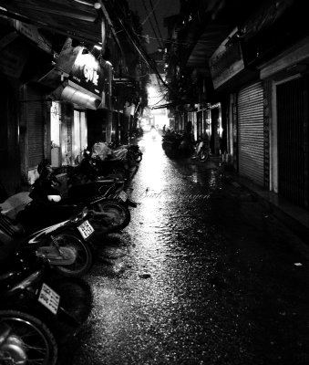 Motorcycle in alley, Hanoi Old Quarter, Vietnam 1976