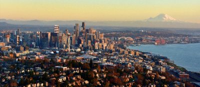 Gold Hour over Seattle, Space Needle, Puget Sound and Mount Rainier, Washington 480a  